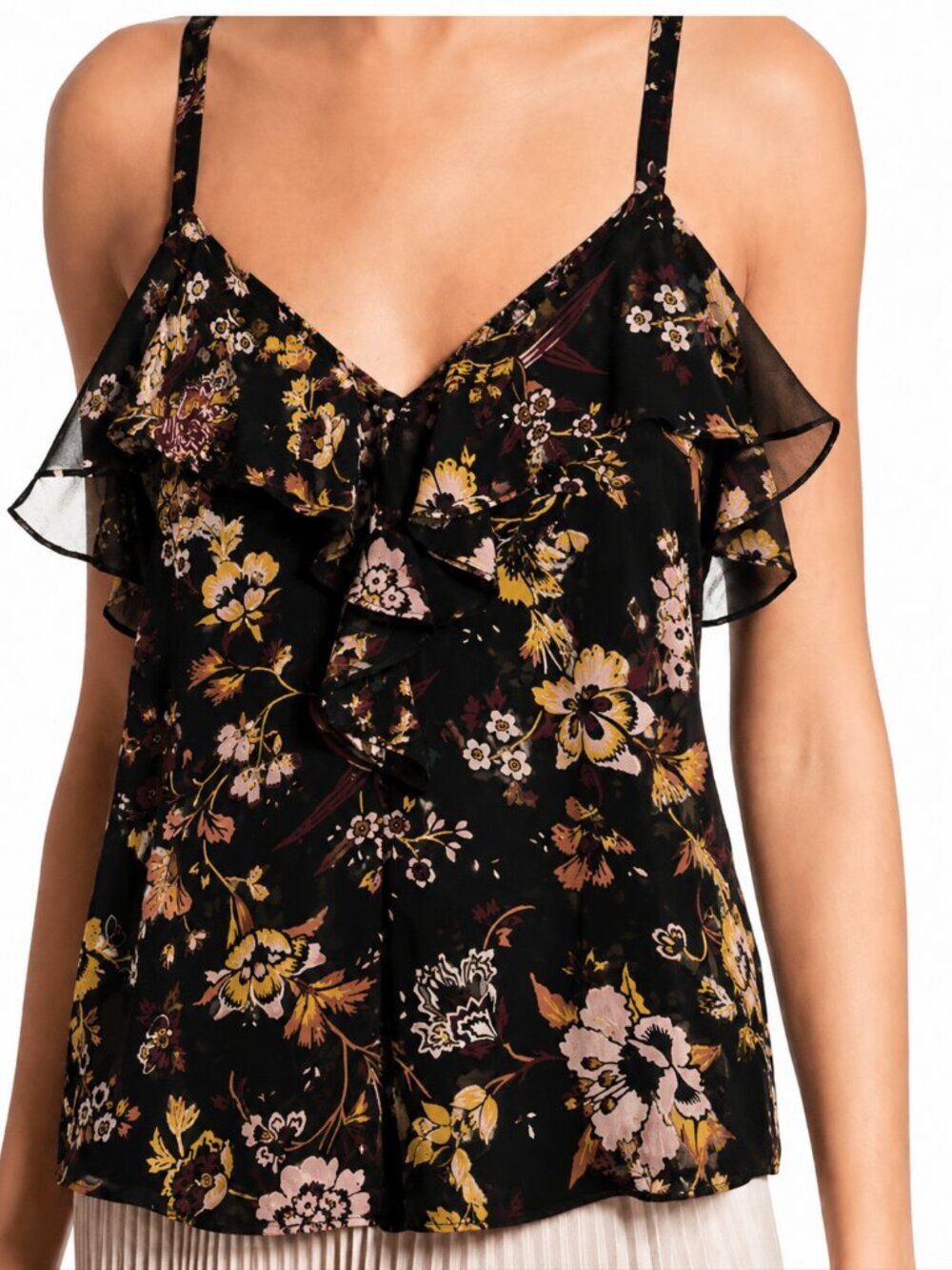 A.L.C. 100% Silk Black Floral Ruffle Camisole Blouse Top SZ 2 Small Coquette